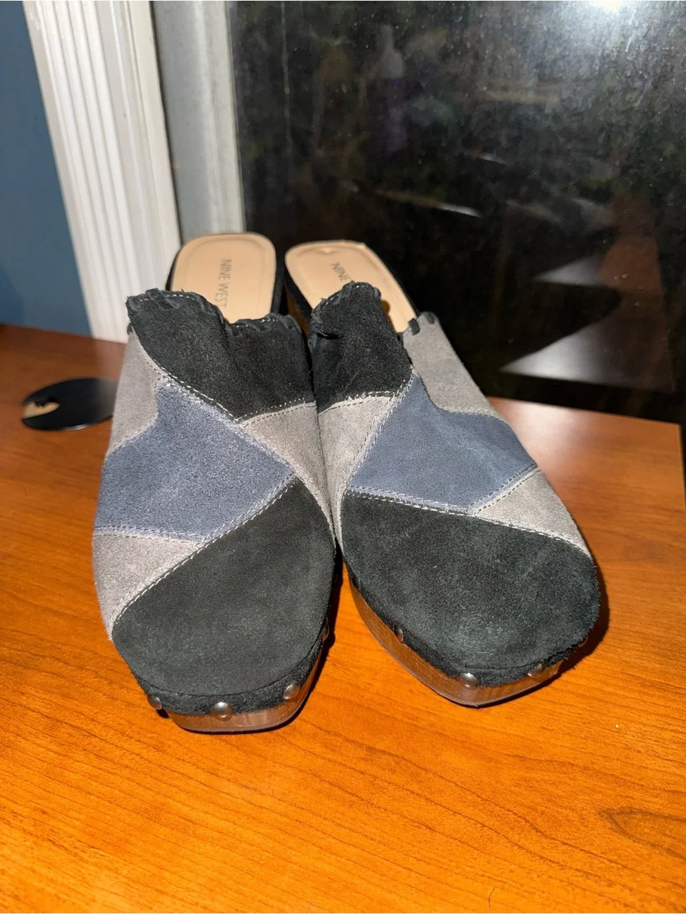Nine West Two-Tone Suede Platform Clogs in Navy and Gray